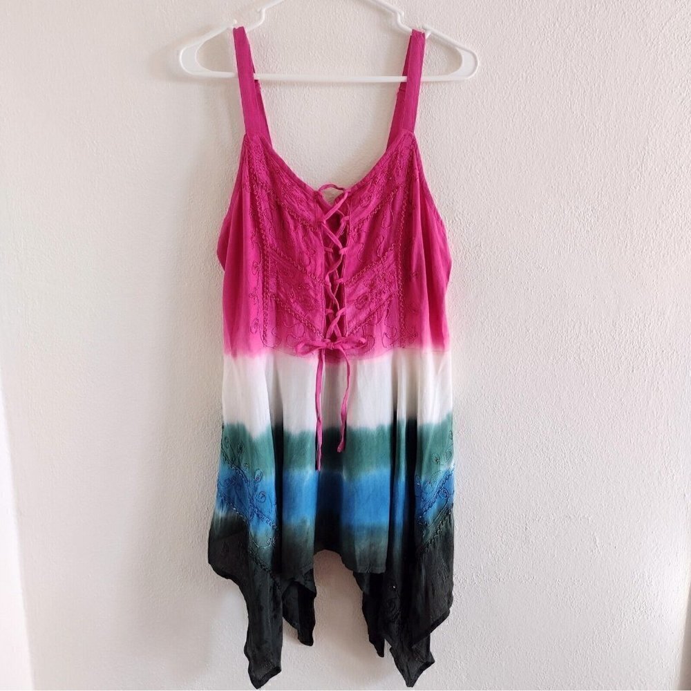 NWT Vintage L.S.I. Beaded Embroidered Tie Dye Corset Tank 2X Ombre Y2K Fairycore